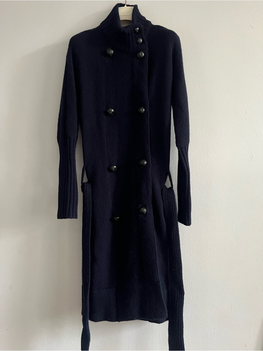 VINCE Double-breasted Military Navy Blue Knitted Alpaca Wool Cashmere Long Cardi